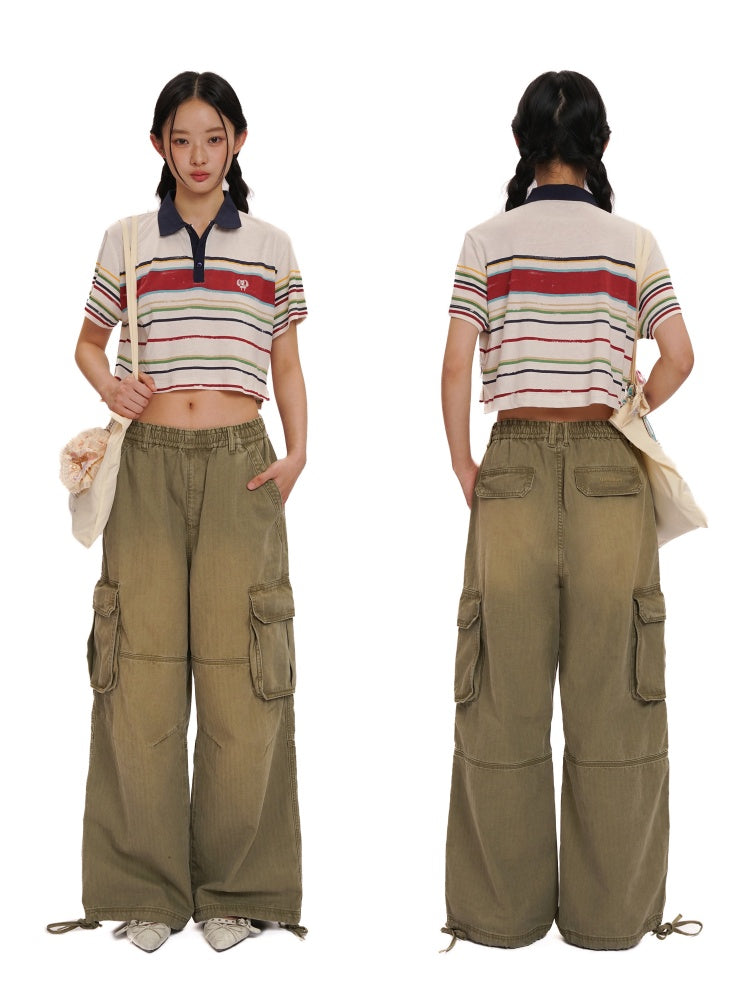 Contrast Stripe Vintage Look Cropped Polo Collar  T-Shirt【s0000012720】