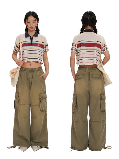 Contrast Stripe Vintage Look Cropped Polo Collar  T-Shirt【s0000012720】