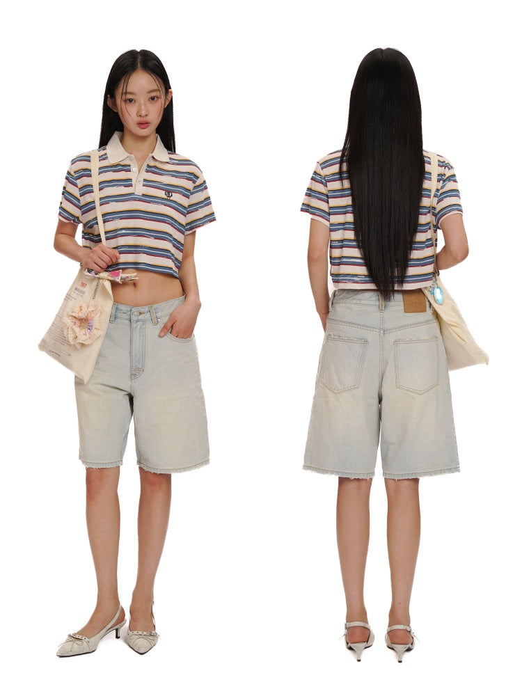 Contrast Stripe Vintage Look Cropped Polo Collar  T-Shirt【s0000012720】
