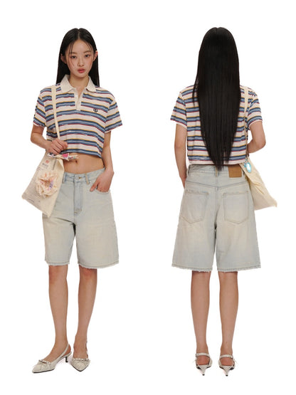 Contrast Stripe Vintage Look Cropped Polo Collar  T-Shirt【s0000012720】