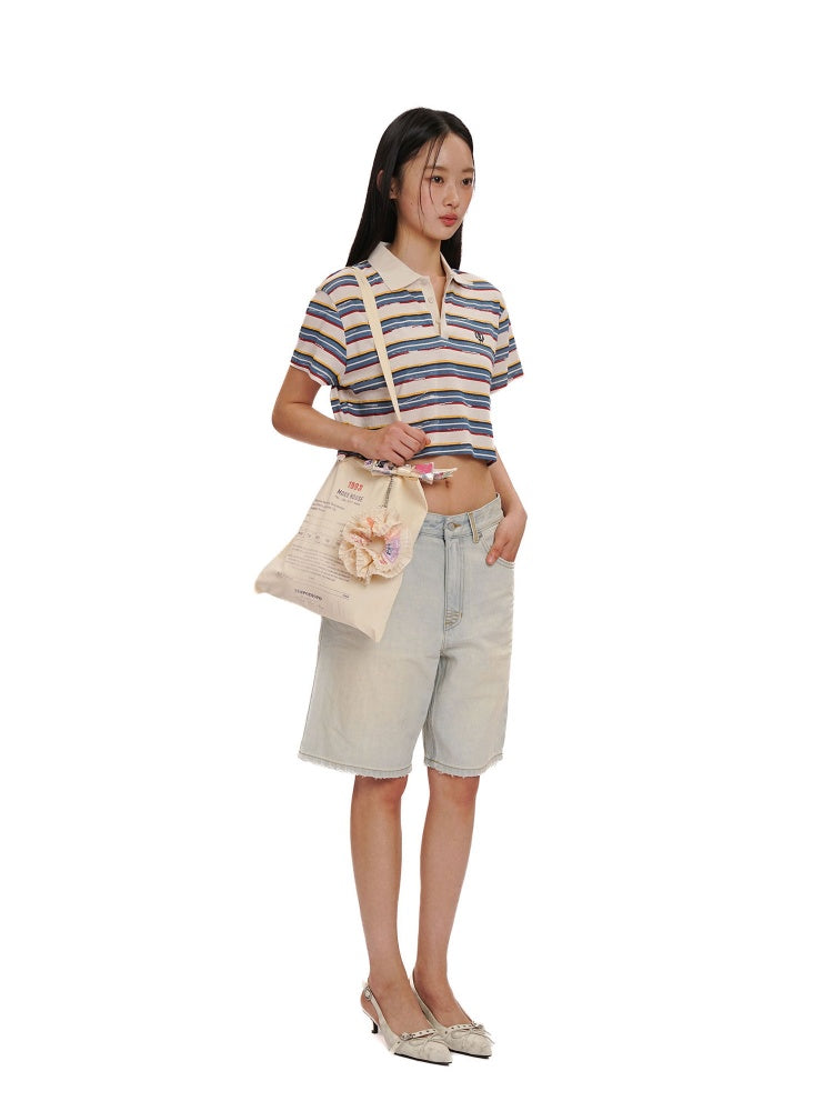 Contrast Stripe Vintage Look Cropped Polo Collar  T-Shirt【s0000012720】