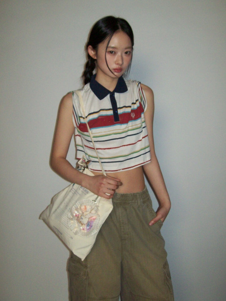 Contrast Stripe Vintage Look Cropped Polo Collar  T-Shirt【s0000012720】