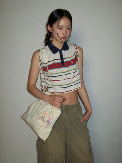 Contrast Stripe Vintage Look Cropped Polo Collar  T-Shirt【s0000012720】