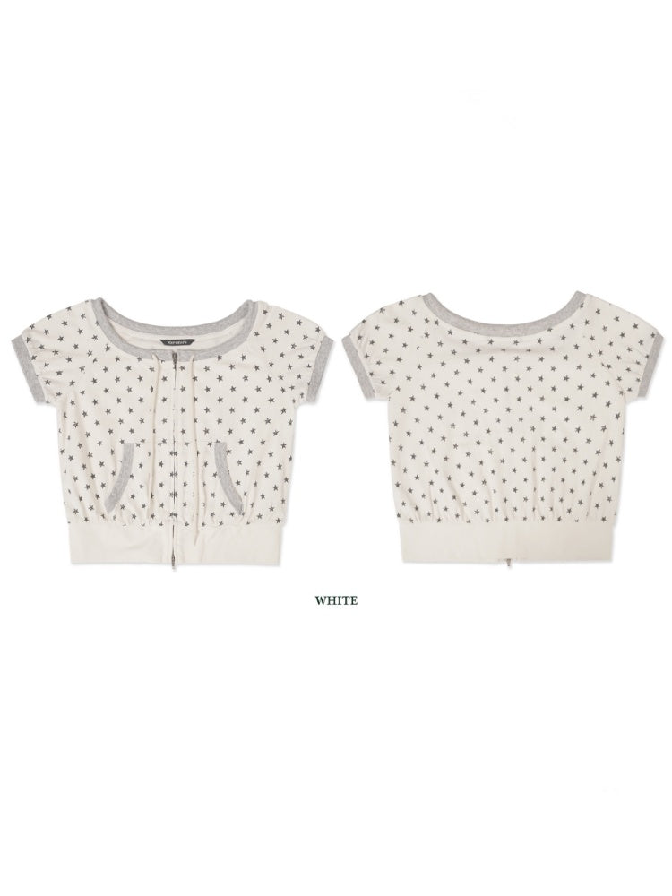 Vintage Distressed Crackle Star Contrast Ribbed Double Zip Short Sleeve Cropped Tops【s0000012722】