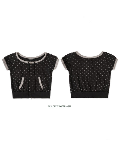 Vintage Distressed Crackle Star Contrast Ribbed Double Zip Short Sleeve Cropped Tops【s0000012722】