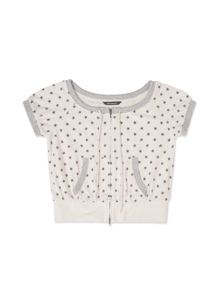 Vintage Distressed Crackle Star Contrast Ribbed Double Zip Short Sleeve Cropped Tops【s0000012722】