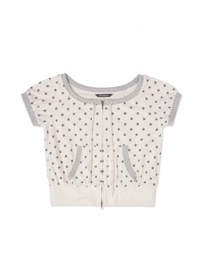 Vintage Distressed Crackle Star Contrast Ribbed Double Zip Short Sleeve Cropped Tops【s0000012722】