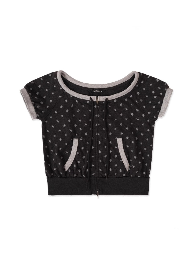 Vintage Distressed Crackle Star Contrast Ribbed Double Zip Short Sleeve Cropped Tops【s0000012722】