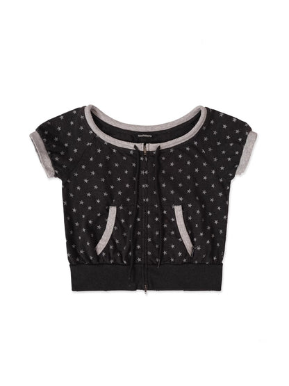 Vintage Distressed Crackle Star Contrast Ribbed Double Zip Short Sleeve Cropped Tops【s0000012722】