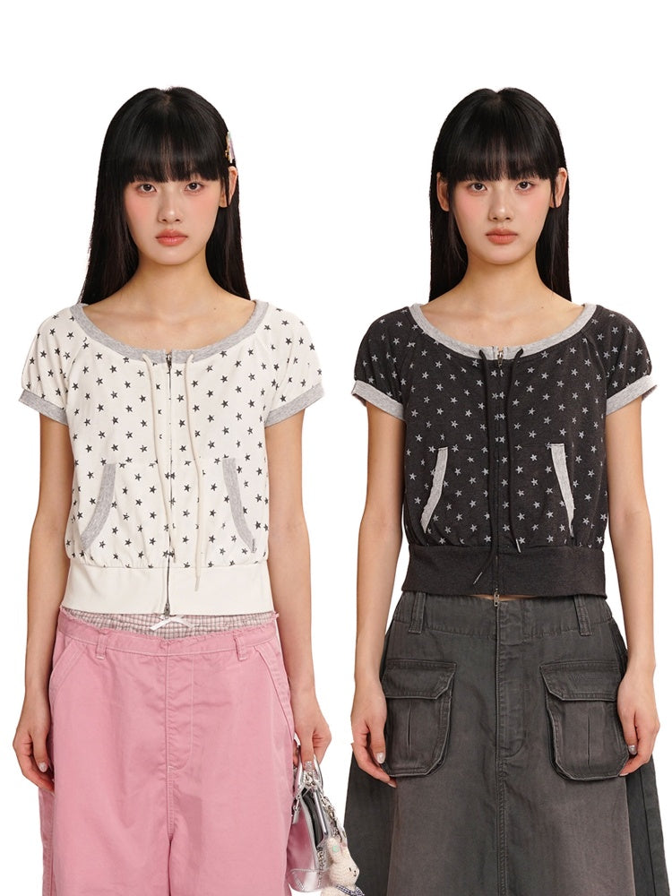 Vintage Distressed Crackle Star Contrast Ribbed Double Zip Short Sleeve Cropped Tops【s0000012722】