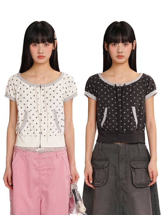 Vintage Distressed Crackle Star Contrast Ribbed Double Zip Short Sleeve Cropped Tops【s0000012722】