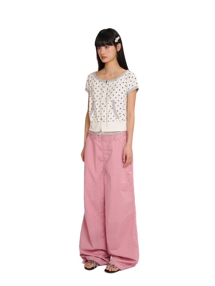 Vintage Distressed Crackle Star Contrast Ribbed Double Zip Short Sleeve Cropped Tops【s0000012722】