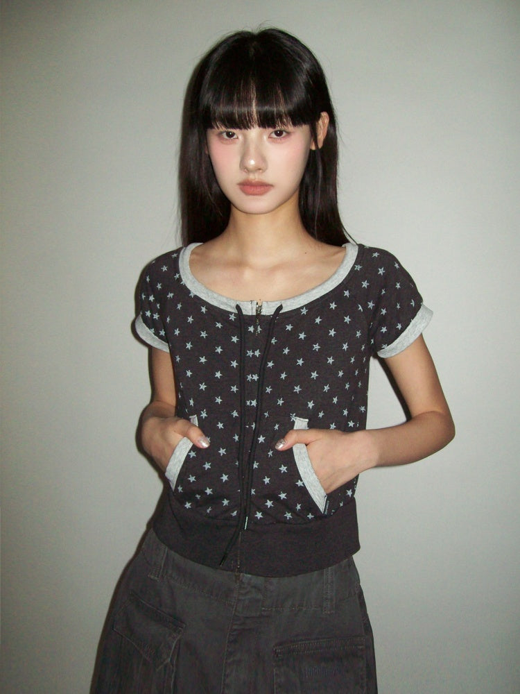 Vintage Distressed Crackle Star Contrast Ribbed Double Zip Short Sleeve Cropped Tops【s0000012722】