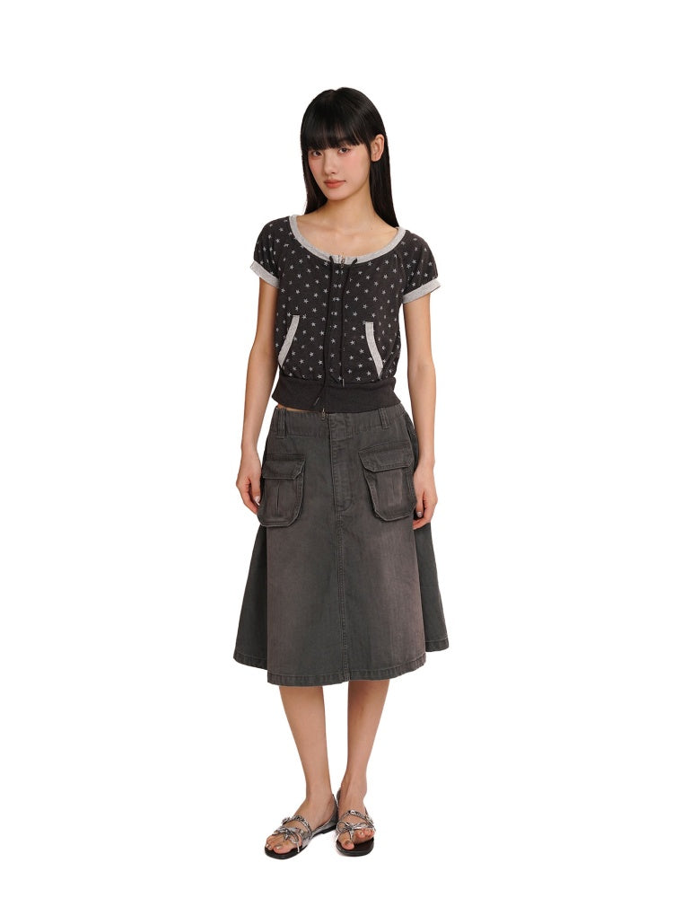 Vintage Distressed Crackle Star Contrast Ribbed Double Zip Short Sleeve Cropped Tops【s0000012722】