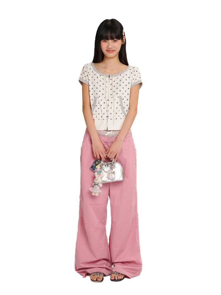 Vintage Distressed Crackle Star Contrast Ribbed Double Zip Short Sleeve Cropped Tops【s0000012722】