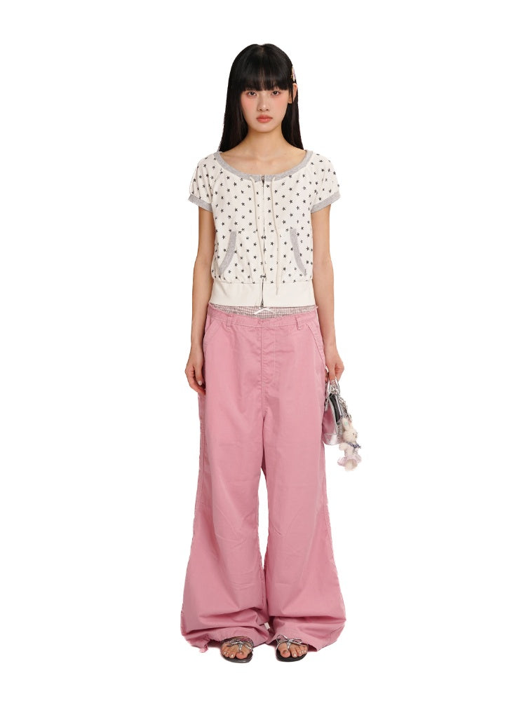 Vintage Distressed Crackle Star Contrast Ribbed Double Zip Short Sleeve Cropped Tops【s0000012722】