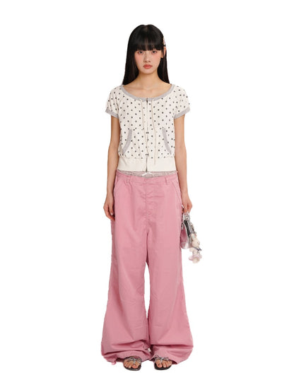 Vintage Distressed Crackle Star Contrast Ribbed Double Zip Short Sleeve Cropped Tops【s0000012722】