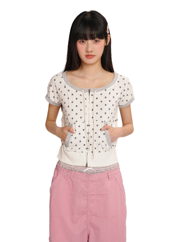 Vintage Distressed Crackle Star Contrast Ribbed Double Zip Short Sleeve Cropped Tops【s0000012722】