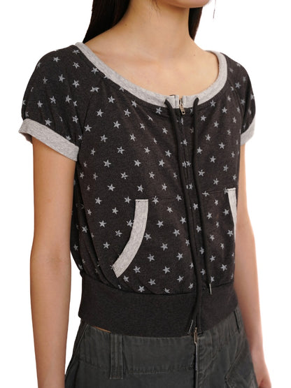 Vintage Distressed Crackle Star Contrast Ribbed Double Zip Short Sleeve Cropped Tops【s0000012722】