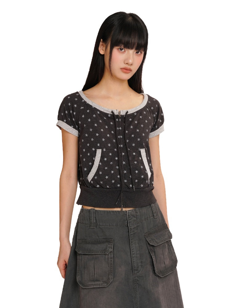 Vintage Distressed Crackle Star Contrast Ribbed Double Zip Short Sleeve Cropped Tops【s0000012722】
