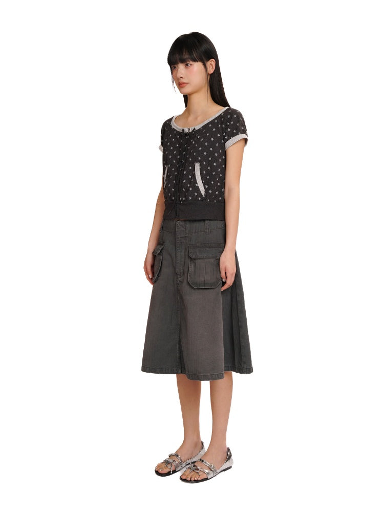 Vintage Distressed Crackle Star Contrast Ribbed Double Zip Short Sleeve Cropped Tops【s0000012722】