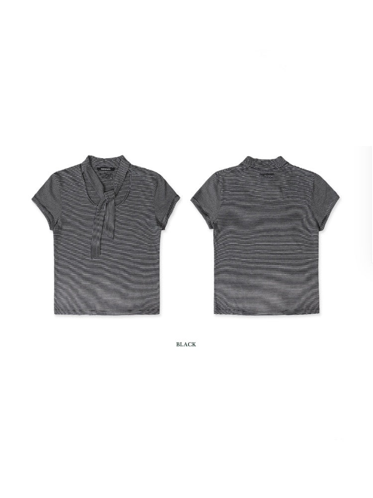 Retro Design Striped Scarf Neck Short Sleeve Tops【s0000012723】