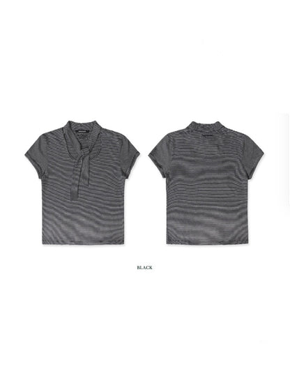 Retro Design Striped Scarf Neck Short Sleeve Tops【s0000012723】