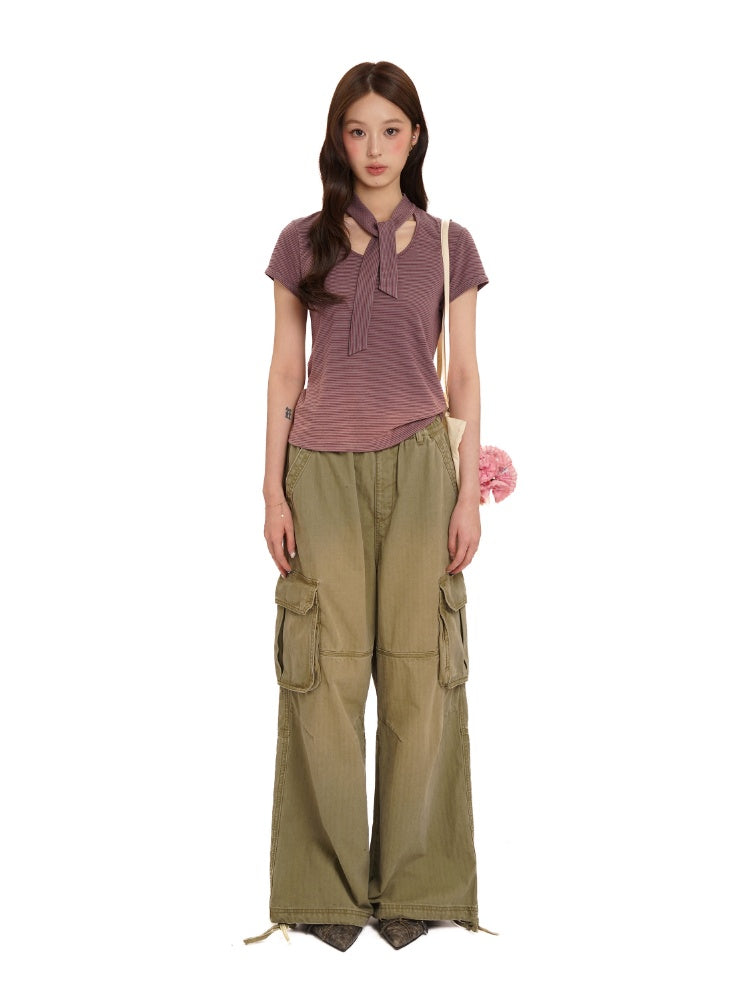 Retro Design Striped Scarf Neck Short Sleeve Tops【s0000012723】