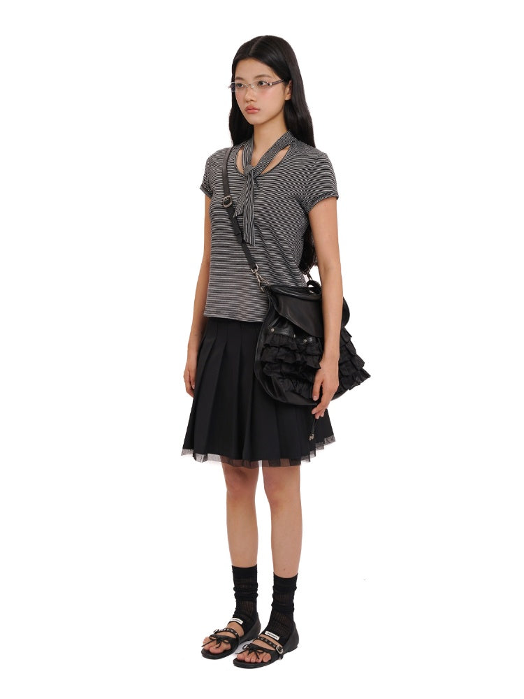 Retro Design Striped Scarf Neck Short Sleeve Tops【s0000012723】