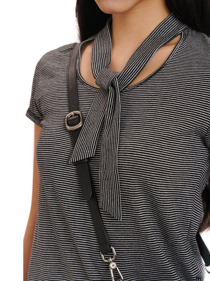 Retro Design Striped Scarf Neck Short Sleeve Tops【s0000012723】