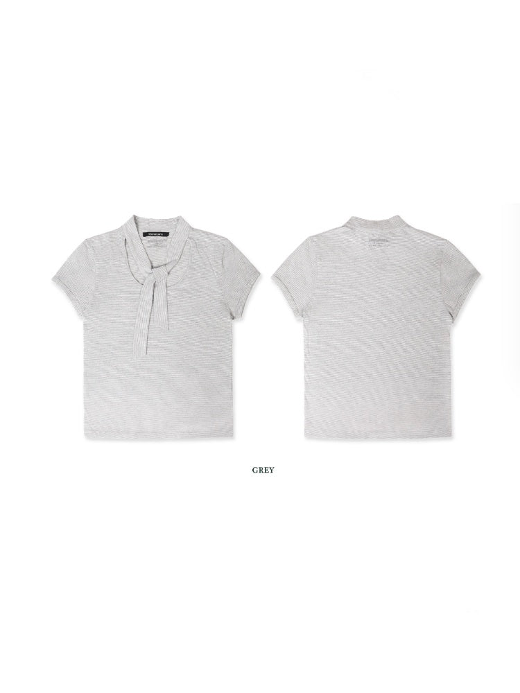 Retro Design Striped Scarf Neck Short Sleeve Tops【s0000012723】