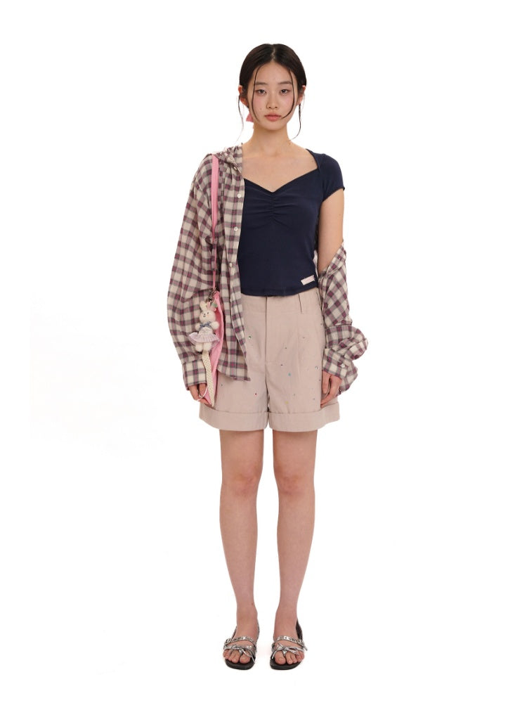 Plaid Embroidered Loose Fit Hooded Long Sleeve Shirt【s0000012724】