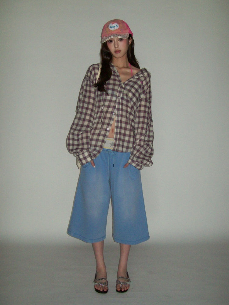 Plaid Embroidered Loose Fit Hooded Long Sleeve Shirt【s0000012724】