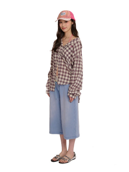 Plaid Embroidered Loose Fit Hooded Long Sleeve Shirt【s0000012724】