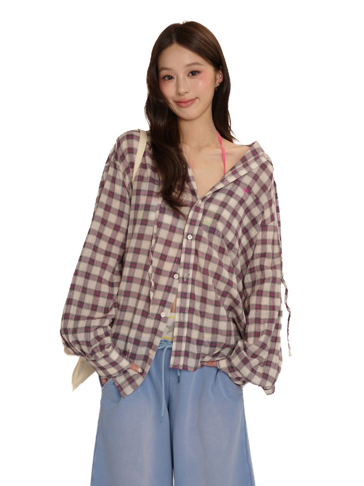 Plaid Embroidered Loose Fit Hooded Long Sleeve Shirt【s0000012724】