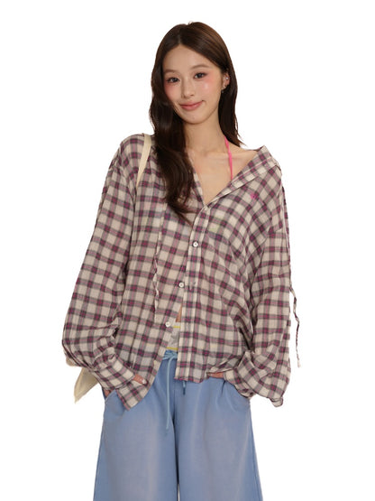 Plaid Embroidered Loose Fit Hooded Long Sleeve Shirt【s0000012724】