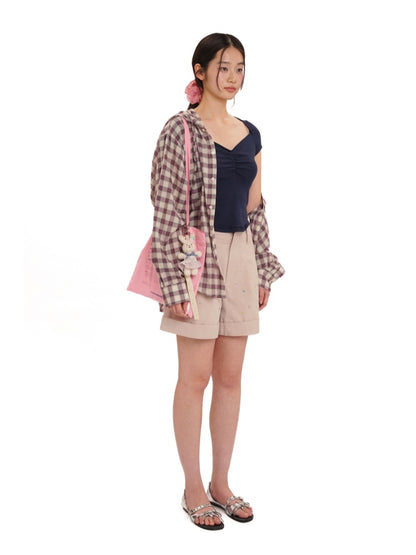 Plaid Embroidered Loose Fit Hooded Long Sleeve Shirt【s0000012724】