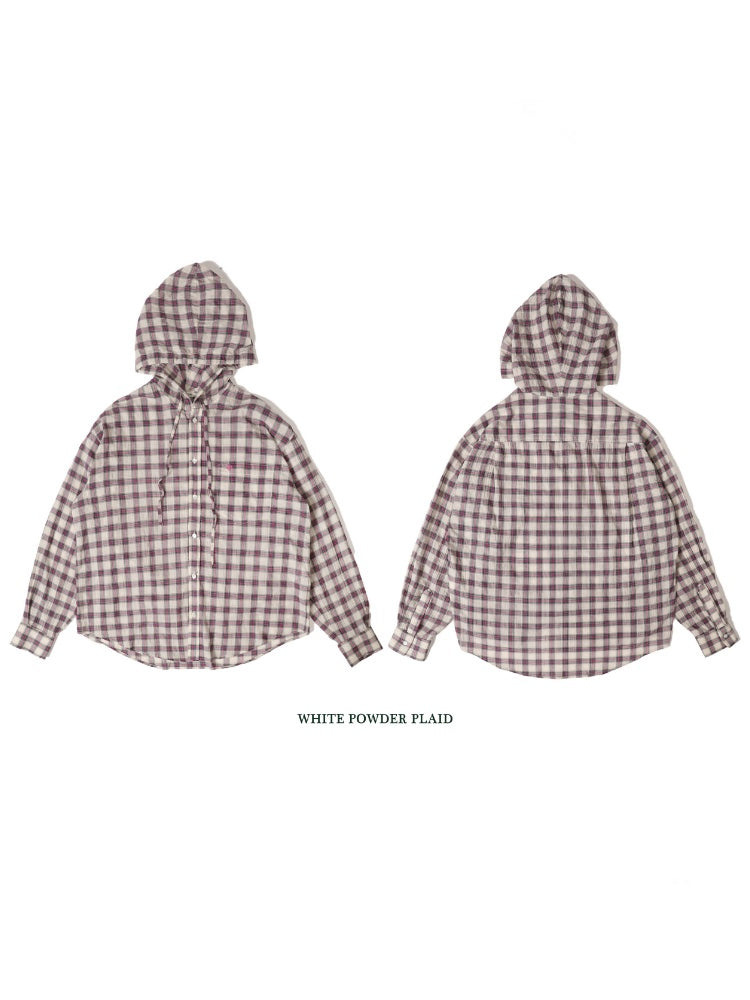 Plaid Embroidered Loose Fit Hooded Long Sleeve Shirt【s0000012724】