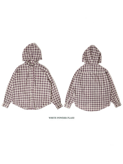 Plaid Embroidered Loose Fit Hooded Long Sleeve Shirt【s0000012724】