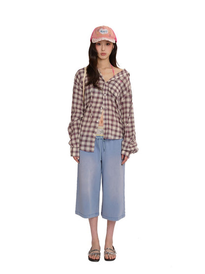 Plaid Embroidered Loose Fit Hooded Long Sleeve Shirt【s0000012724】