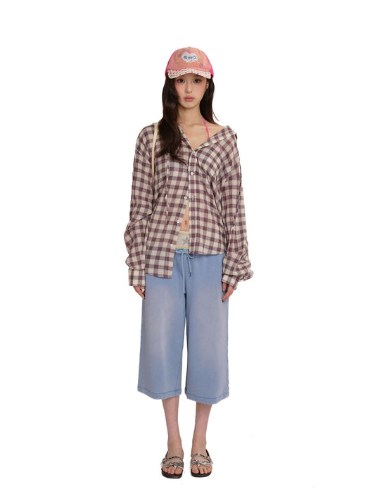 Plaid Embroidered Loose Fit Hooded Long Sleeve Shirt【s0000012724】