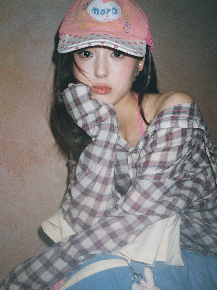 Plaid Embroidered Loose Fit Hooded Long Sleeve Shirt【s0000012724】