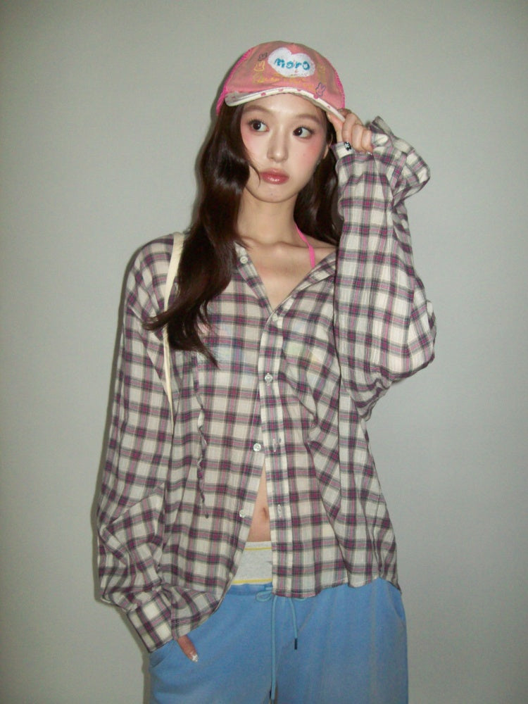 Plaid Embroidered Loose Fit Hooded Long Sleeve Shirt【s0000012724】