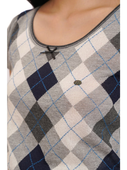 Contrast Wilted Argyle Ribbon Micro Puff Sleeve Knit Short Sleeve Tops【s0000012725】