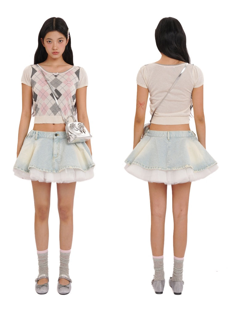 Contrast Wilted Argyle Ribbon Micro Puff Sleeve Knit Short Sleeve Tops【s0000012725】