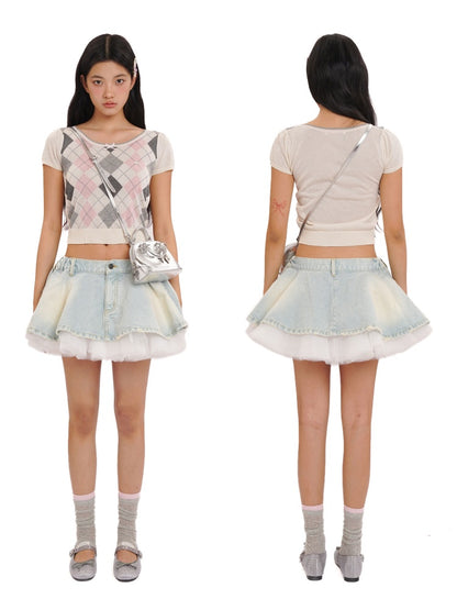 Contrast Wilted Argyle Ribbon Micro Puff Sleeve Knit Short Sleeve Tops【s0000012725】