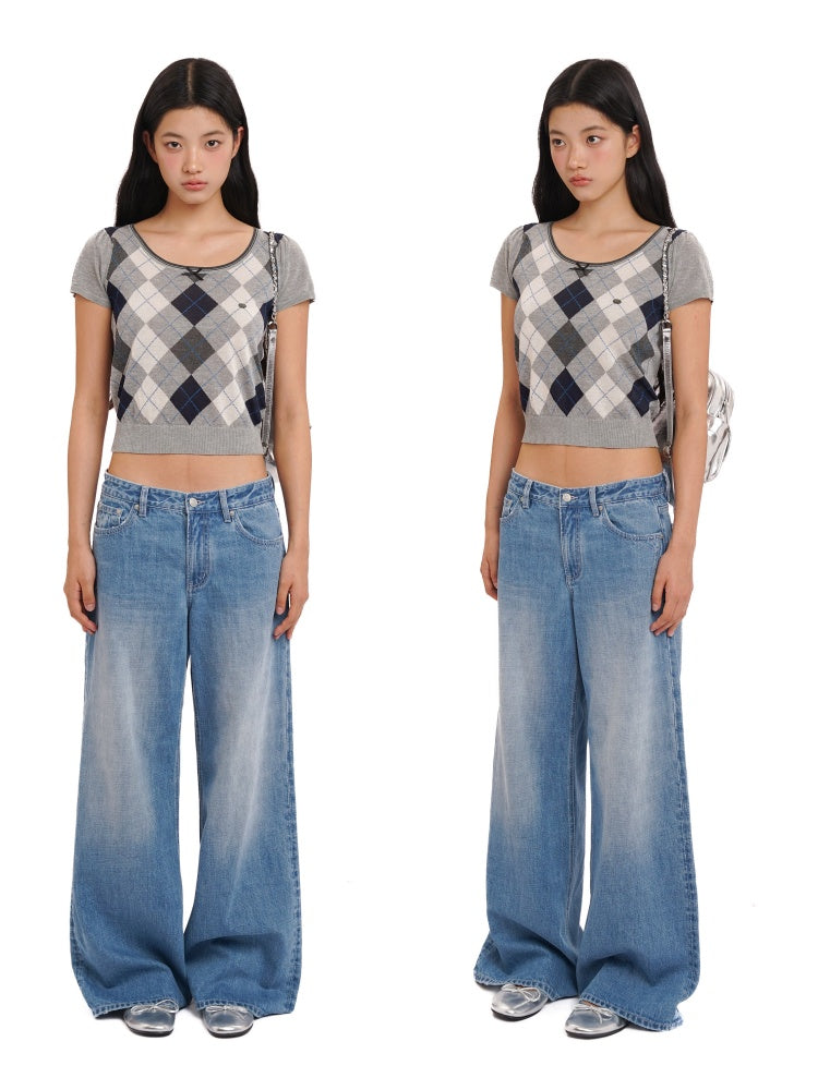 Contrast Wilted Argyle Ribbon Micro Puff Sleeve Knit Short Sleeve Tops【s0000012725】