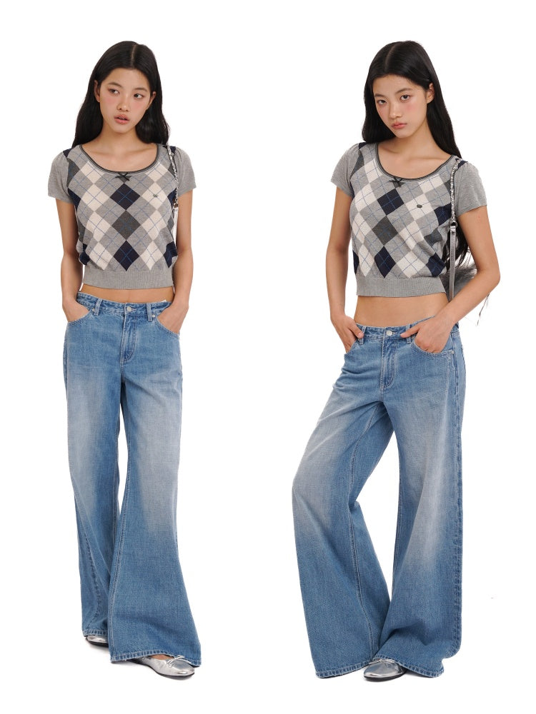 Contrast Wilted Argyle Ribbon Micro Puff Sleeve Knit Short Sleeve Tops【s0000012725】