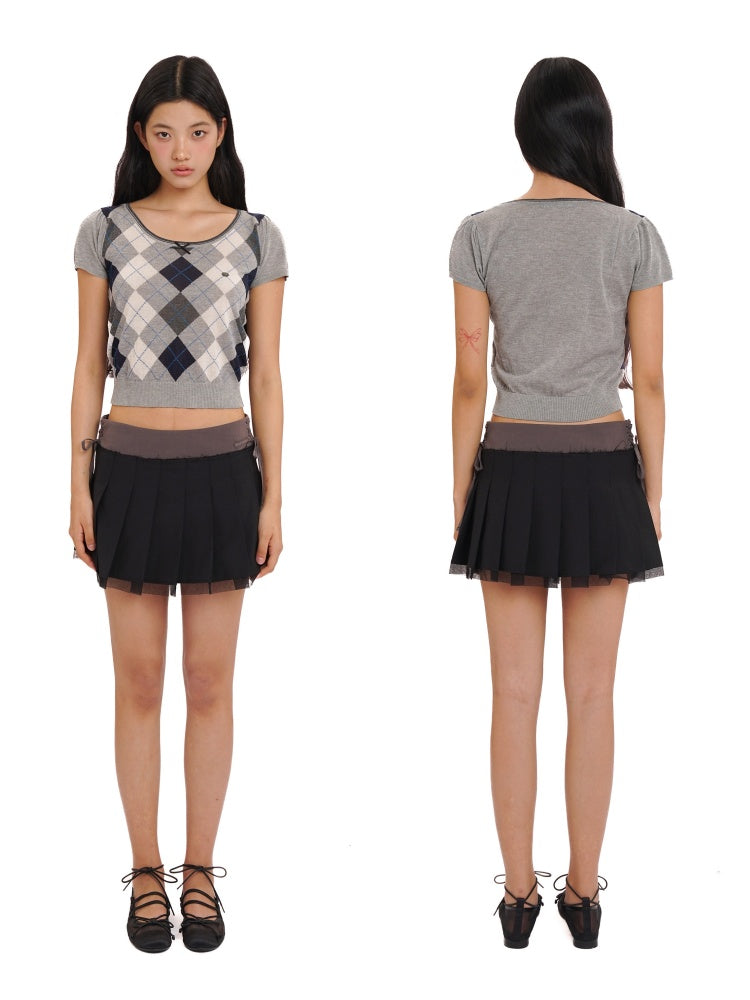 Contrast Wilted Argyle Ribbon Micro Puff Sleeve Knit Short Sleeve Tops【s0000012725】