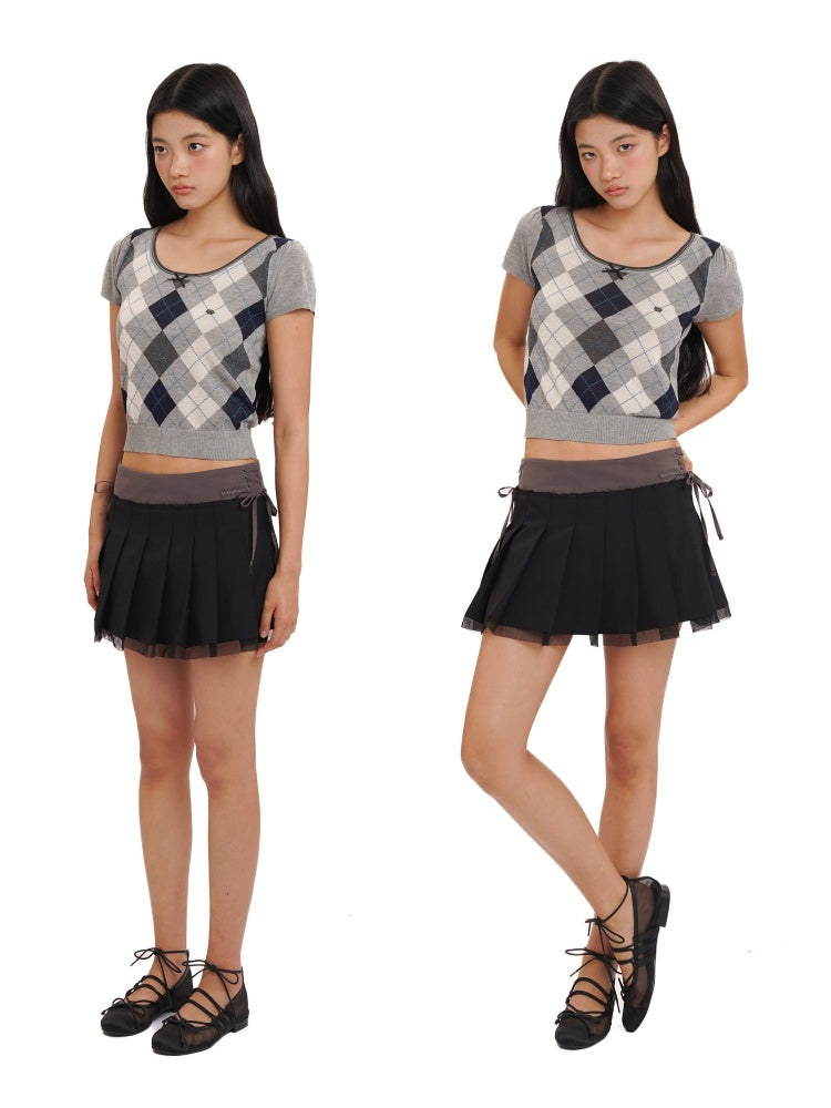 Contrast Wilted Argyle Ribbon Micro Puff Sleeve Knit Short Sleeve Tops【s0000012725】